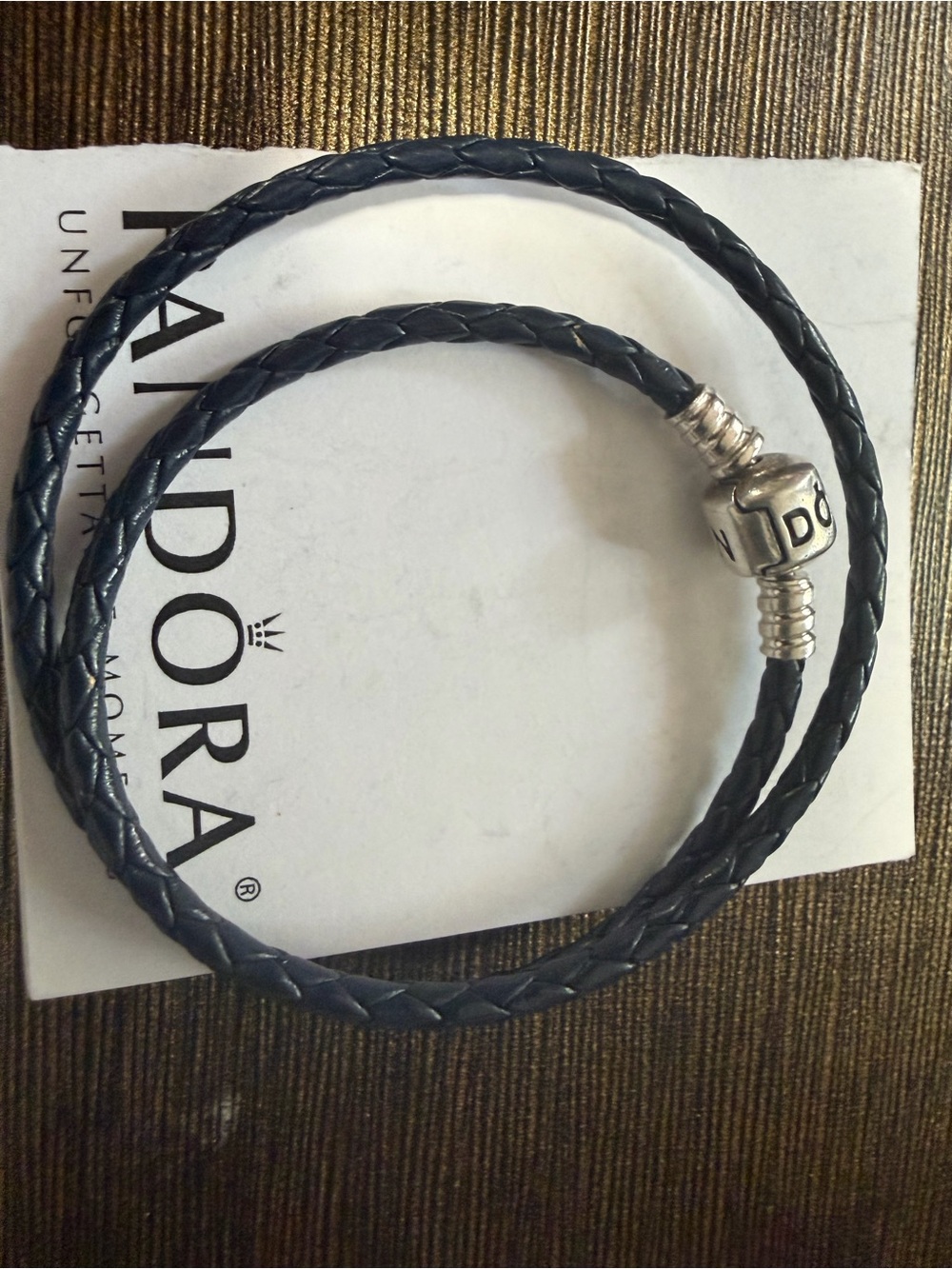 Authentic Pandora Braided Double-Wrap Leather Bracelet  NavyBlue  Silver Clasp